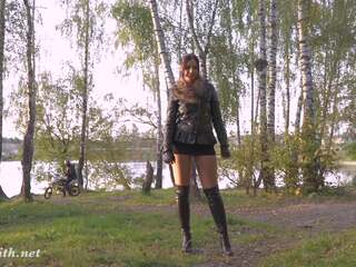 Adorable Jeny Smith shocked a biker in the forest with flashing her pussy and ass. Real situation