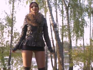 Cute Jeny Smith shocked a biker in the forest with flashing her pussy and ass. Real situation